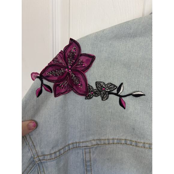 36Point5 Women’s Customized Denim Jacket Medium Roses Skull Lace Up Distressed - Picture 9 of 11